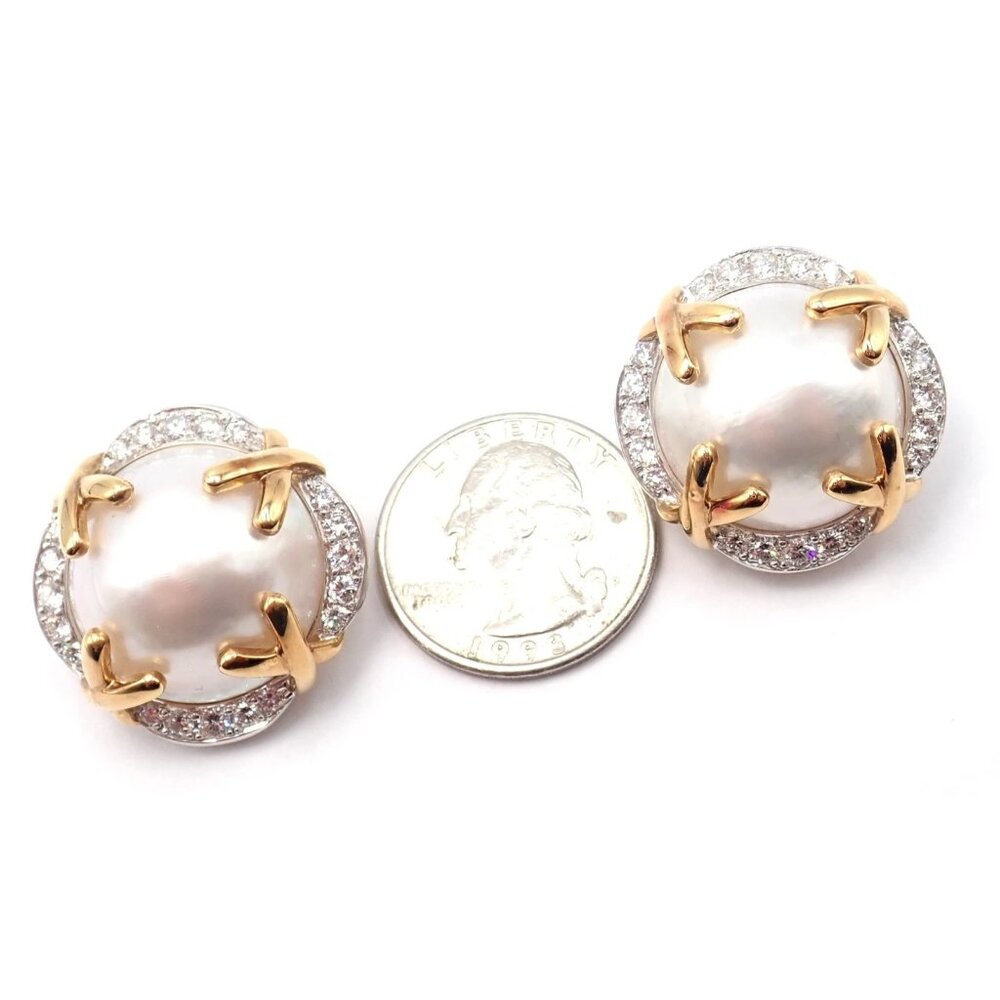 Authentic! Vintage Verdura 18k Yellow Gold Mabe Pearl Diamond Large Earrings - Picture 3 of 14